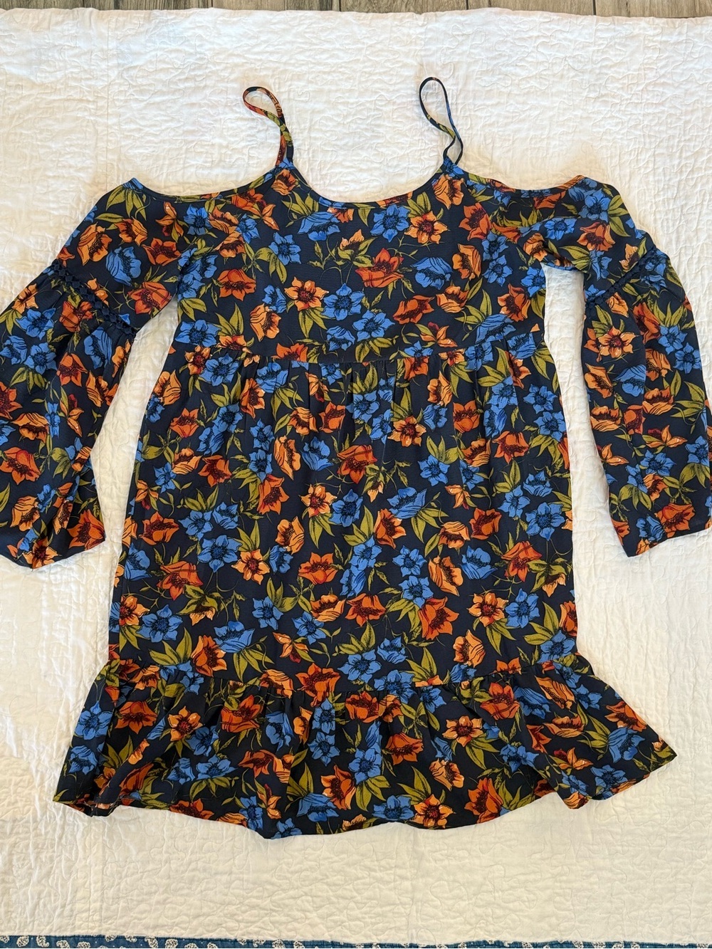 J.O.A. Navy Cold-Shoulder Floral Tiered Dress - Picture 2 of 8